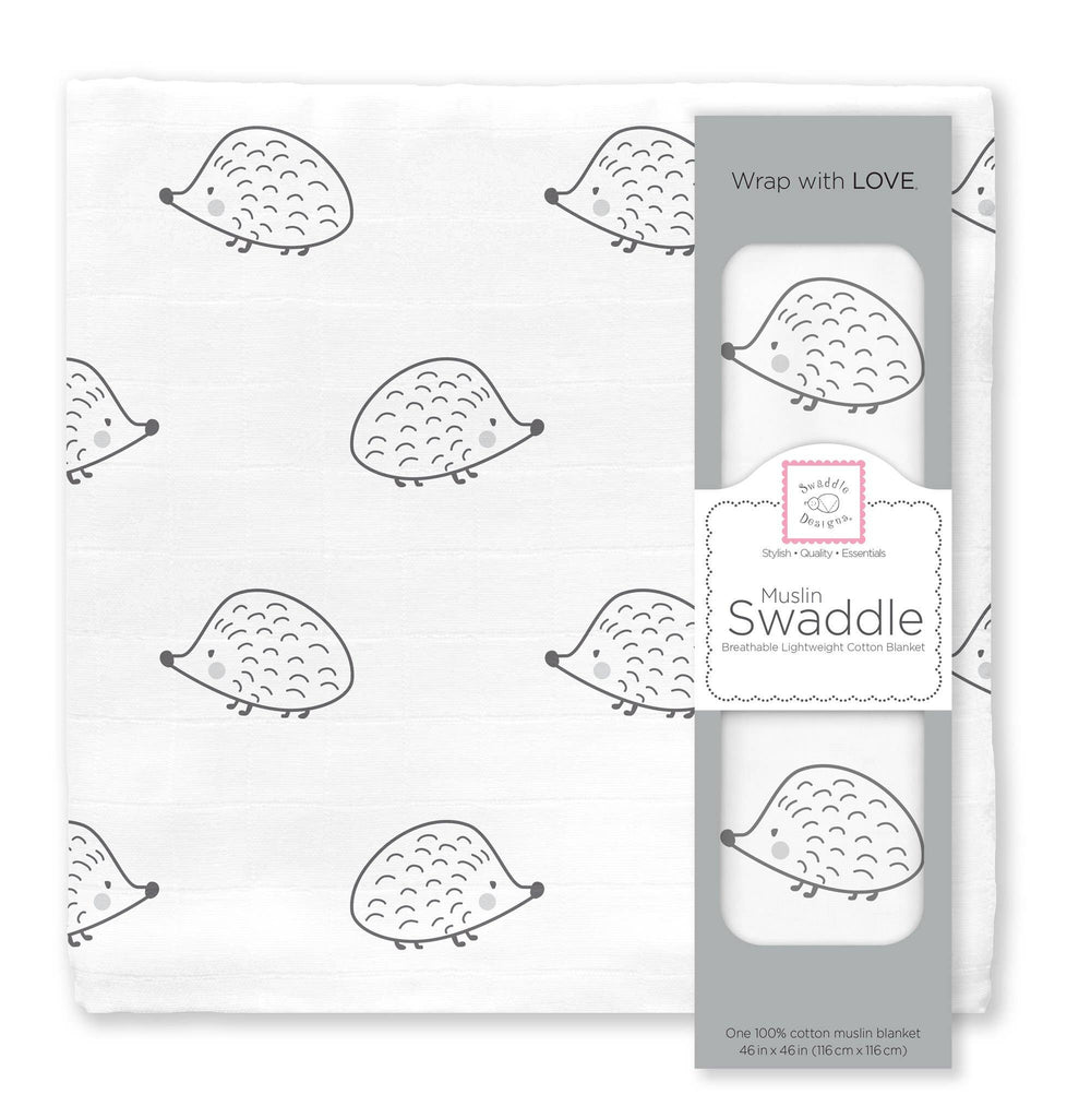 SwaddleDesigns - Hedgehog Soft Black Muslin Swaddle Blanket, Premium Cotton