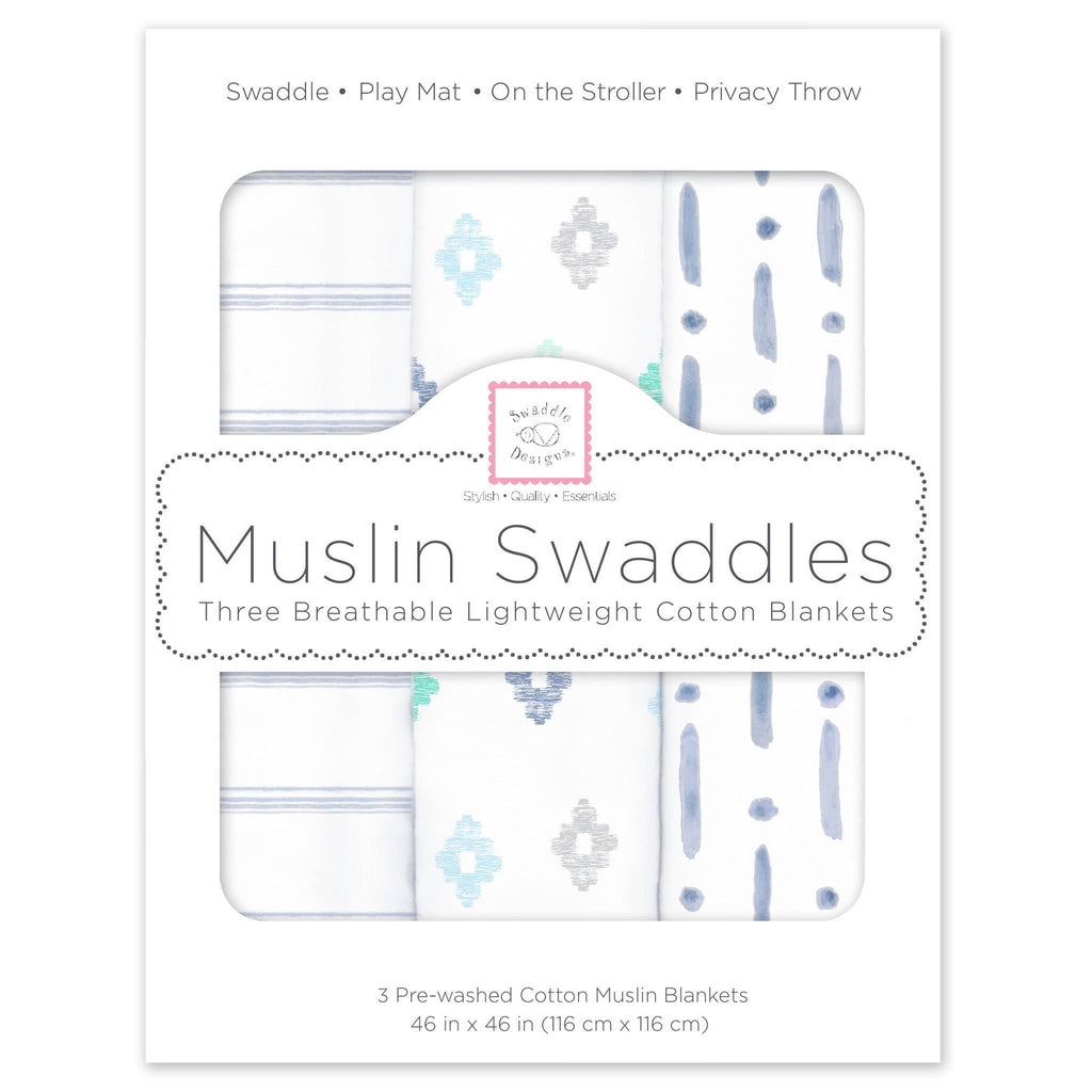SwaddleDesigns - Muslin Swaddle Blankets (Set of 3), Indigo Denim