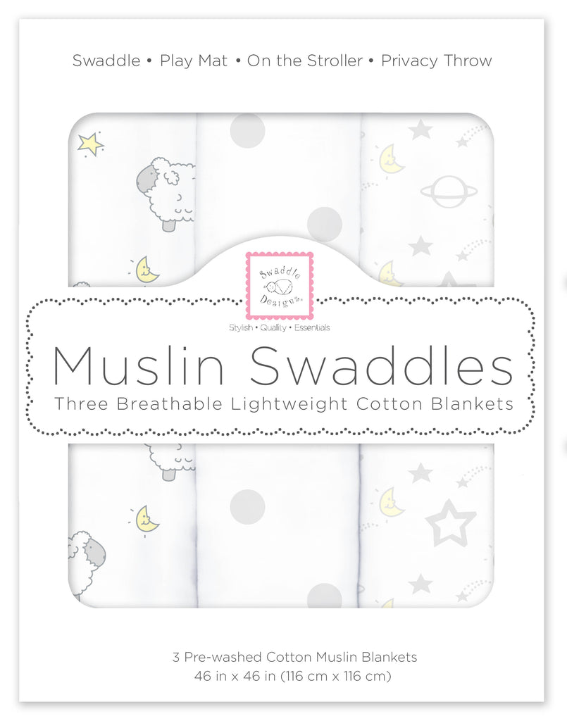 SwaddleDesigns - Muslin Swaddle Blankets (Set of 3), Little Lambs Goodnight
