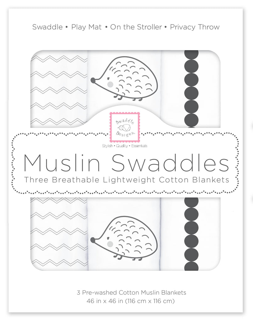SwaddleDesigns - Muslin Swaddle Blankets (Set of 3), Hedgehog & Bumpkin