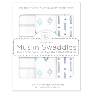 SwaddleDesigns - Muslin Swaddle Blankets (Set of 3), Indigo Denim