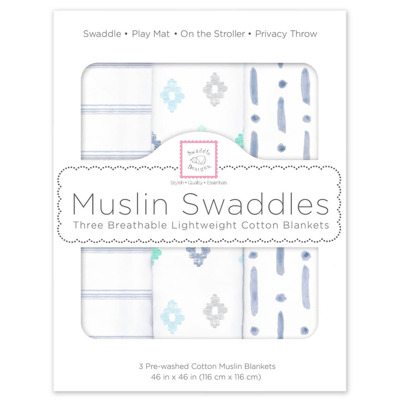 SwaddleDesigns - Muslin Swaddle Blankets (Set of 3), Indigo Denim