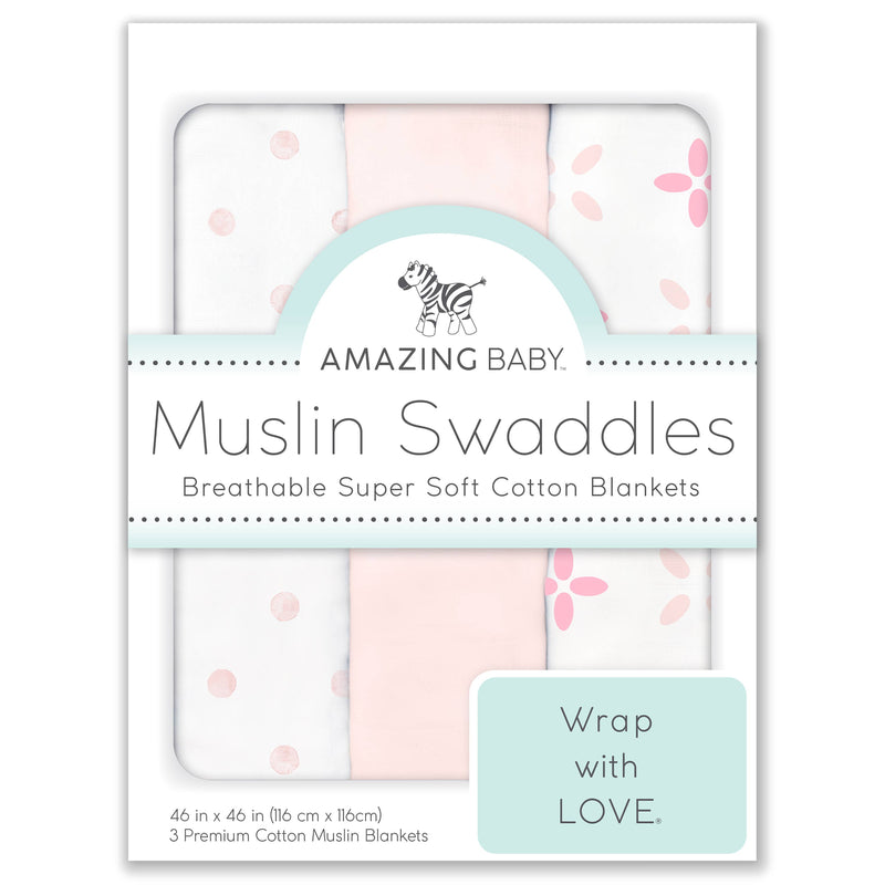 SwaddleDesigns - Muslin Swaddle Blankets (Set of 3), Pink Springfield