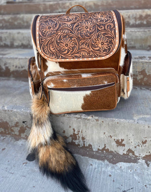 Western Linens - Becky Tooled Leather & Cowhide Backpack