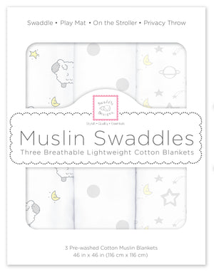 SwaddleDesigns - Muslin Swaddle Blankets (Set of 3), Little Lambs Goodnight