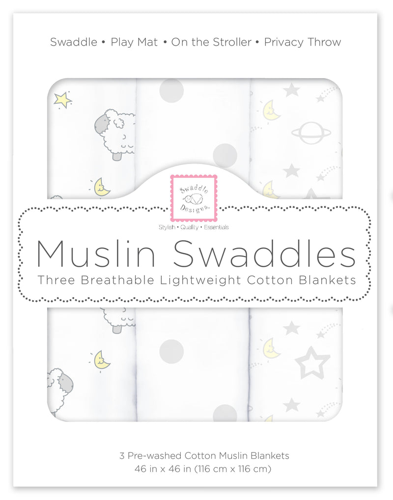 SwaddleDesigns - Muslin Swaddle Blankets (Set of 3), Little Lambs Goodnight