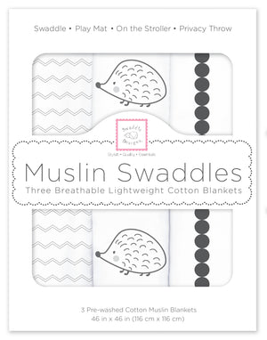 SwaddleDesigns - Muslin Swaddle Blankets (Set of 3), Hedgehog & Bumpkin