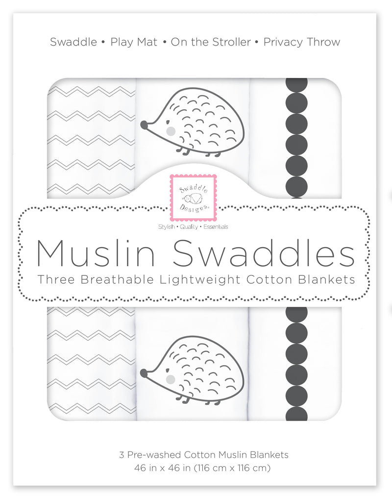 SwaddleDesigns - Muslin Swaddle Blankets (Set of 3), Hedgehog & Bumpkin