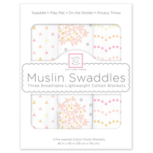 SwaddleDesigns - Muslin Swaddle Blankets (Set of 3), Floral with Gold Shimmer