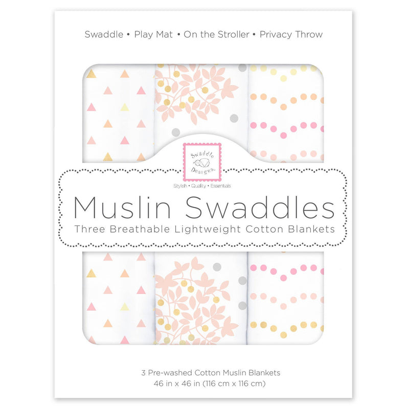 SwaddleDesigns - Muslin Swaddle Blankets (Set of 3), Floral with Gold Shimmer