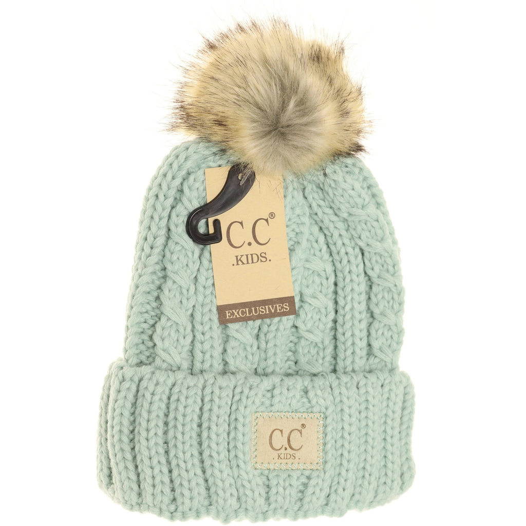 KIDS Cable Ribbed Fur Pom C.C Beanie